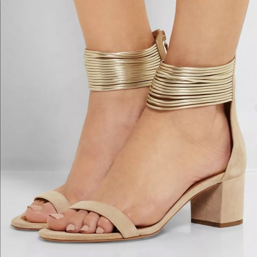 Aquazzura Spin Me Around Metallic Ankle Strap Beige Suede Heel Zip Sandals 38